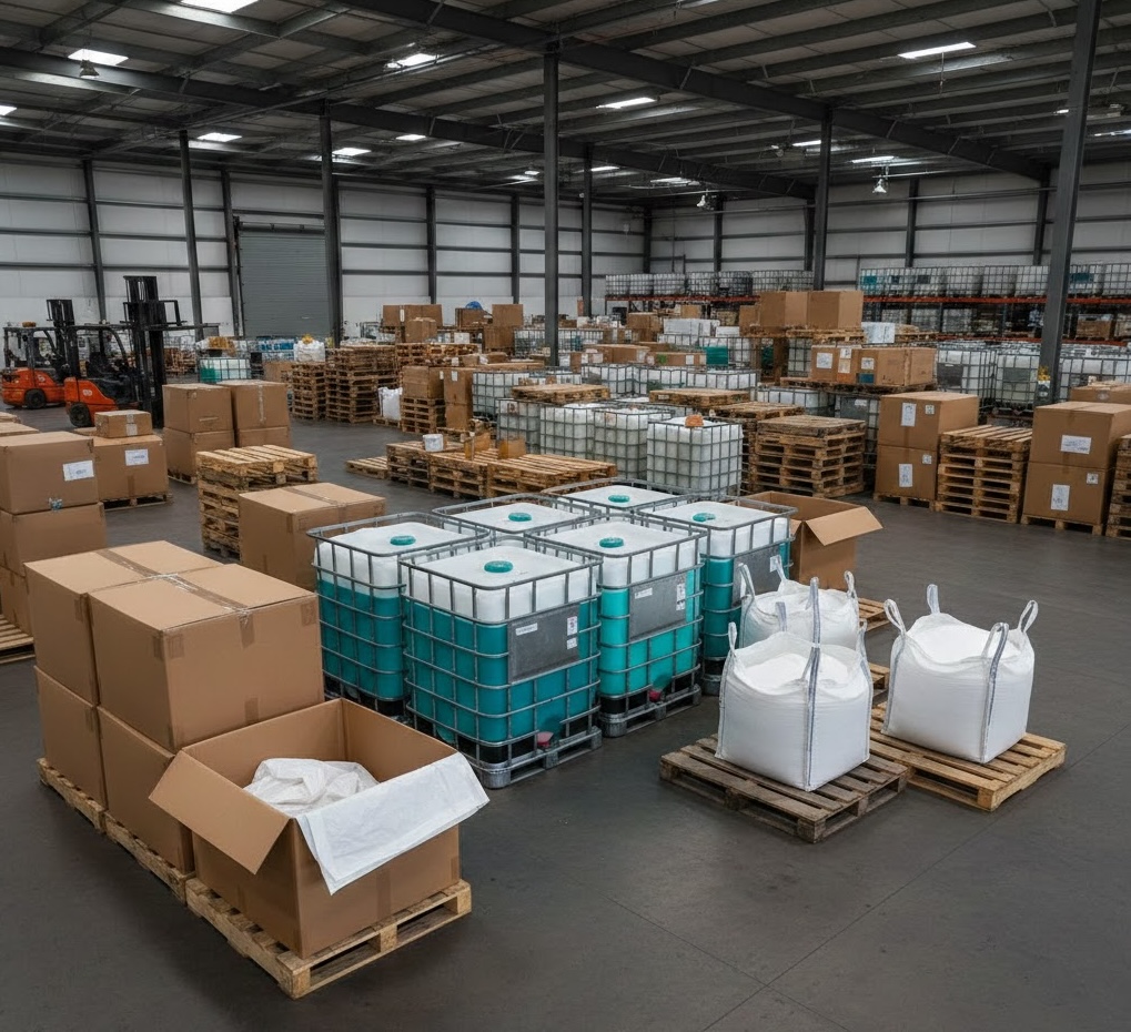 PackMesa warehouse facility with IBC totes, gaylord boxes, bulk bags, and pallets ready for delivery